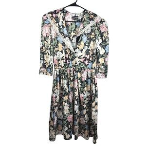 Cottage Core Floral Print Button Front Midi Dress Lace Collar